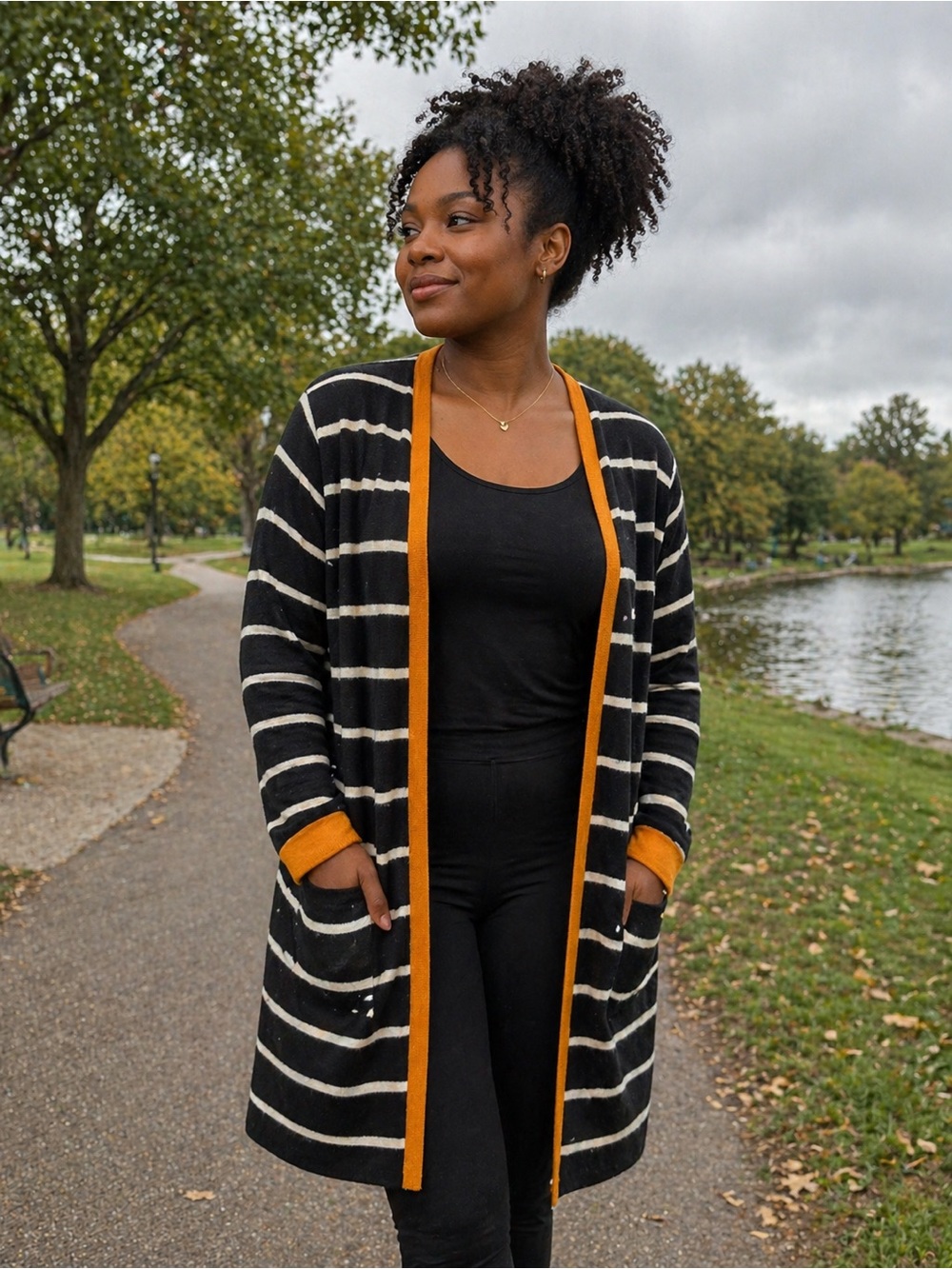 Striped Black and Cream Open Cardigan with Mustard Trim